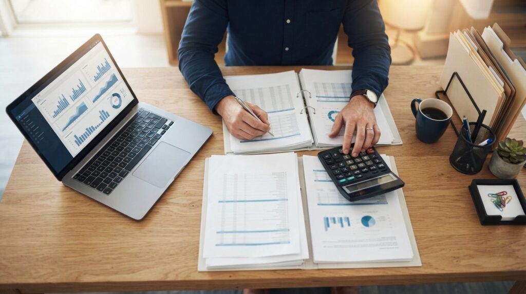 Close-up overhead shot of accountant hands working with calc