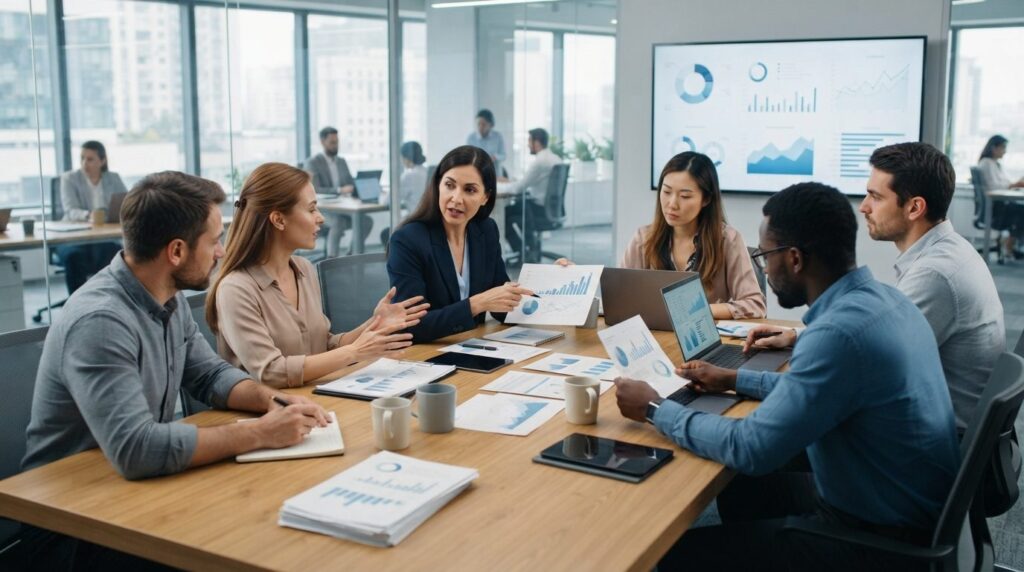 Professional photograph of diverse business team meeting aro
