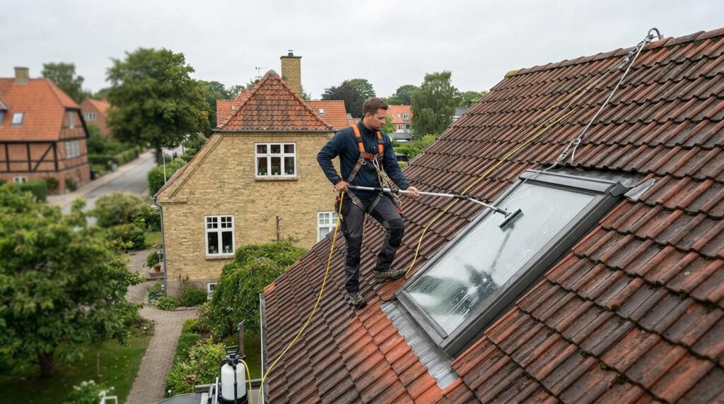 Photorealistic image of professional window cleaner with saf