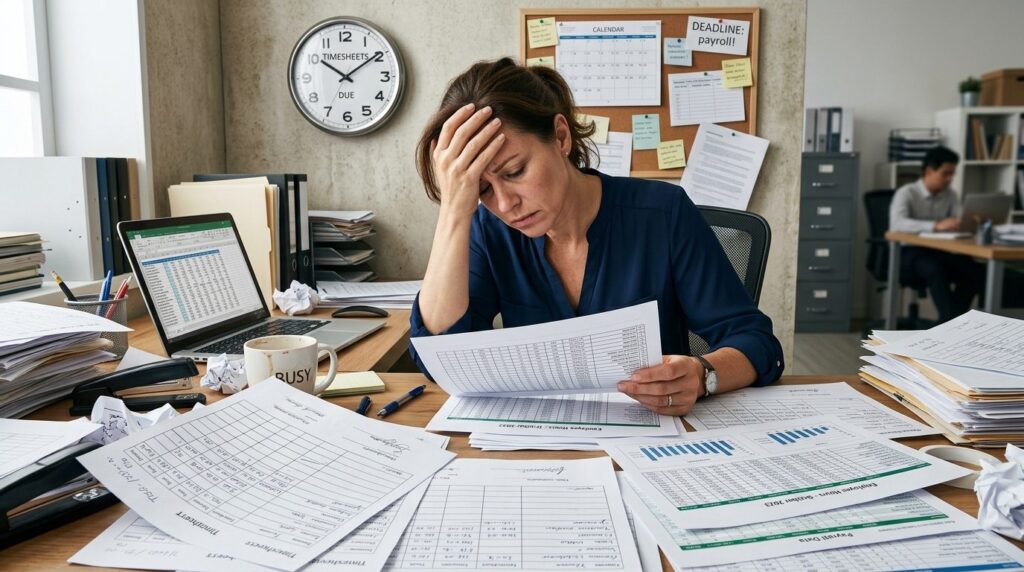 Close-up of frustrated business manager at desk surrounded b