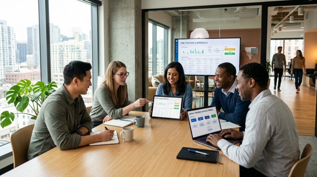 Modern business team in collaborative meeting room using tab