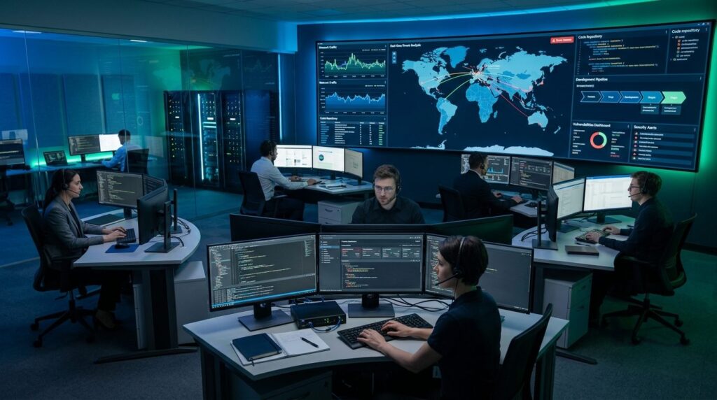 Modern cybersecurity operations center with multiple team me