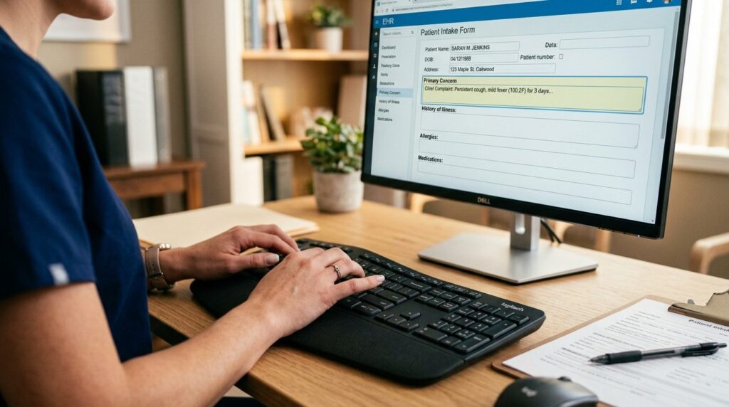Close-up of hands typing on keyboard during patient intake a