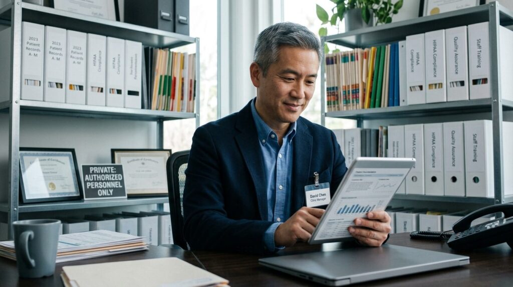 Male clinic manager or healthcare administrator reviewing co