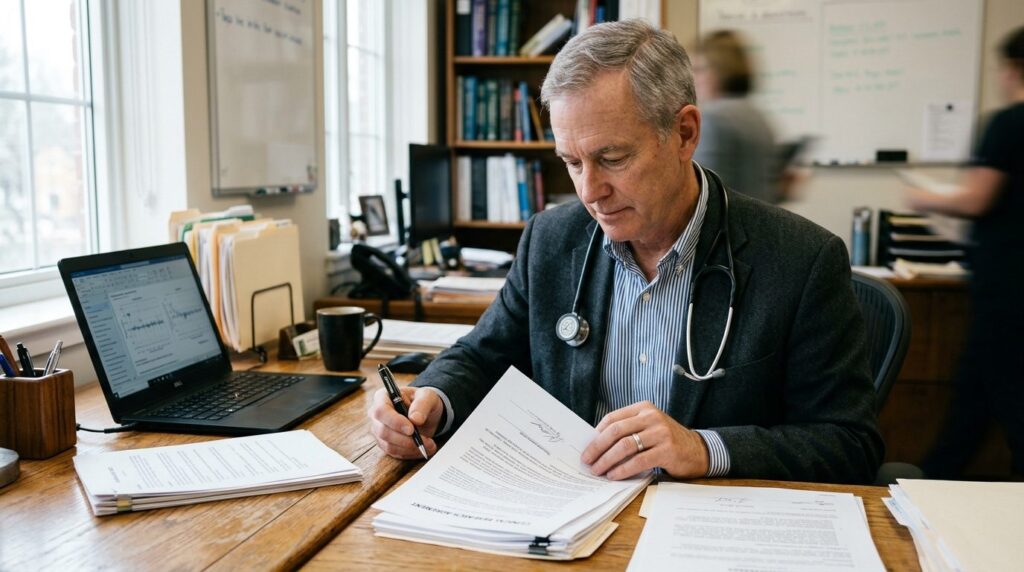 Close-up of a mature male doctor reviewing medical documents