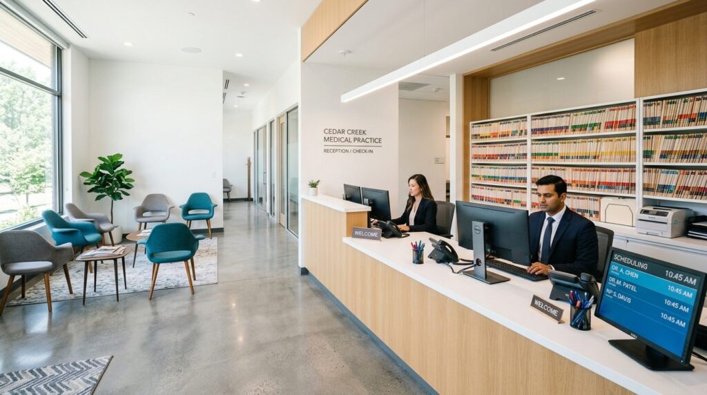 Wide shot of a modern medical practice reception area with o