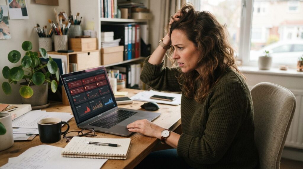 Frustrated small business owner reviewing computer screen sh