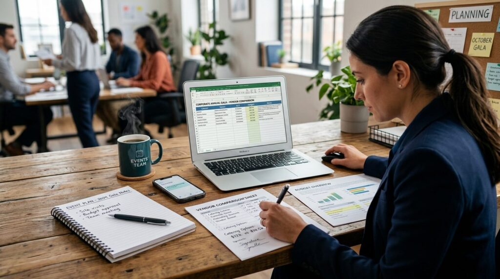 Close-up of professional event planning workspace with lapto