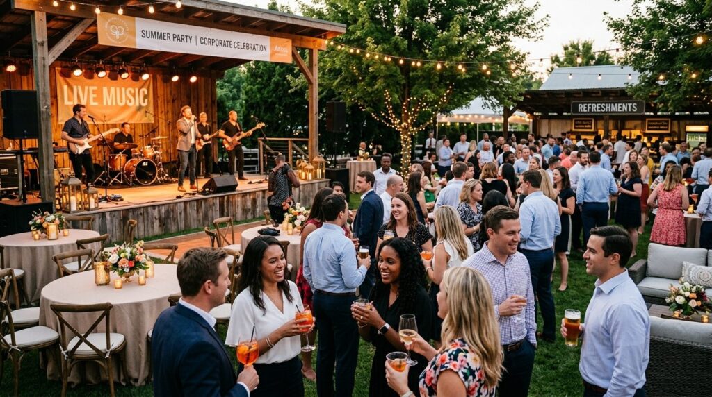Outdoor corporate summer gathering with live band performing
