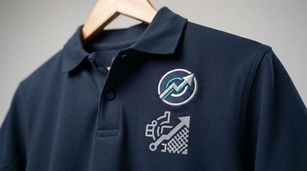 Close-up detail shot of branded workwear showing logo embroi