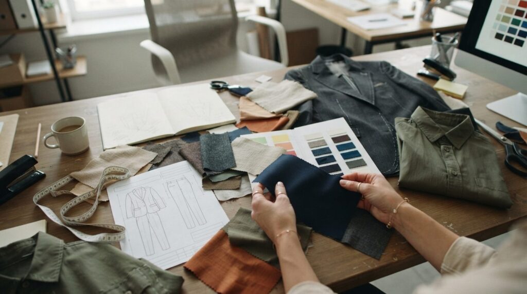 Business professional consulting color swatches and fabric s