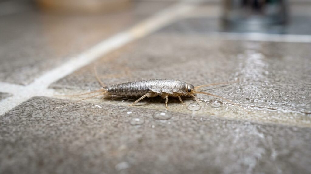 Close-up macro photography of silverfish insect on bathroom 