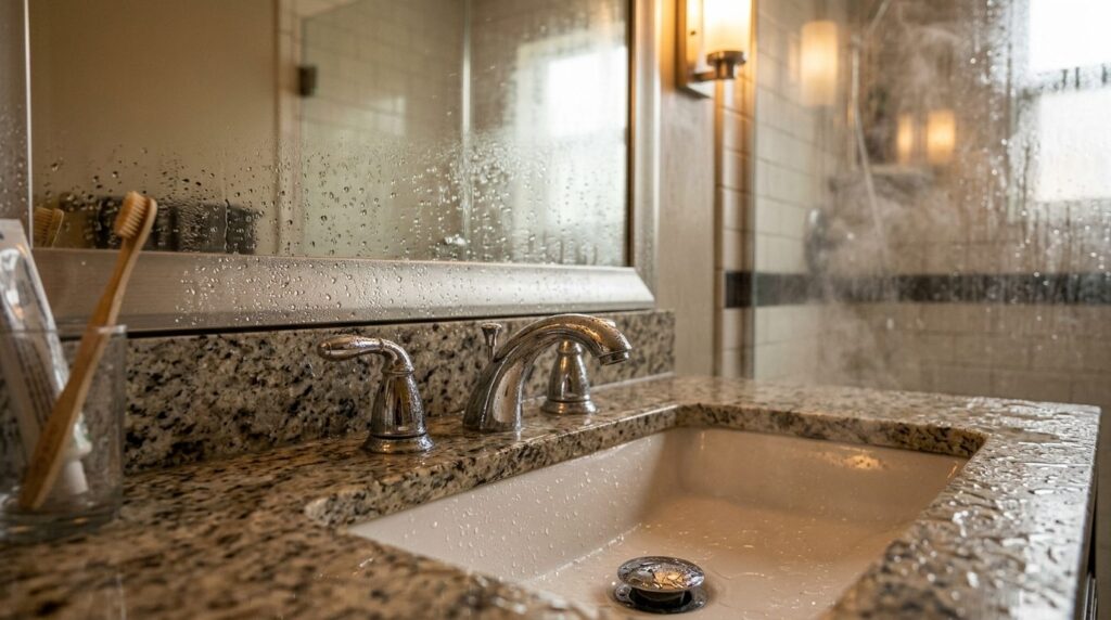 Bathroom interior detail showing condensation, steam, and mo