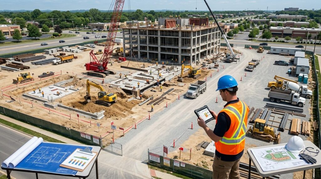 Aerial view of construction site with project manager in saf