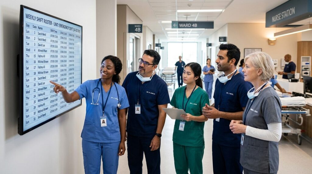 Modern workplace scene showing a diverse team of healthcare