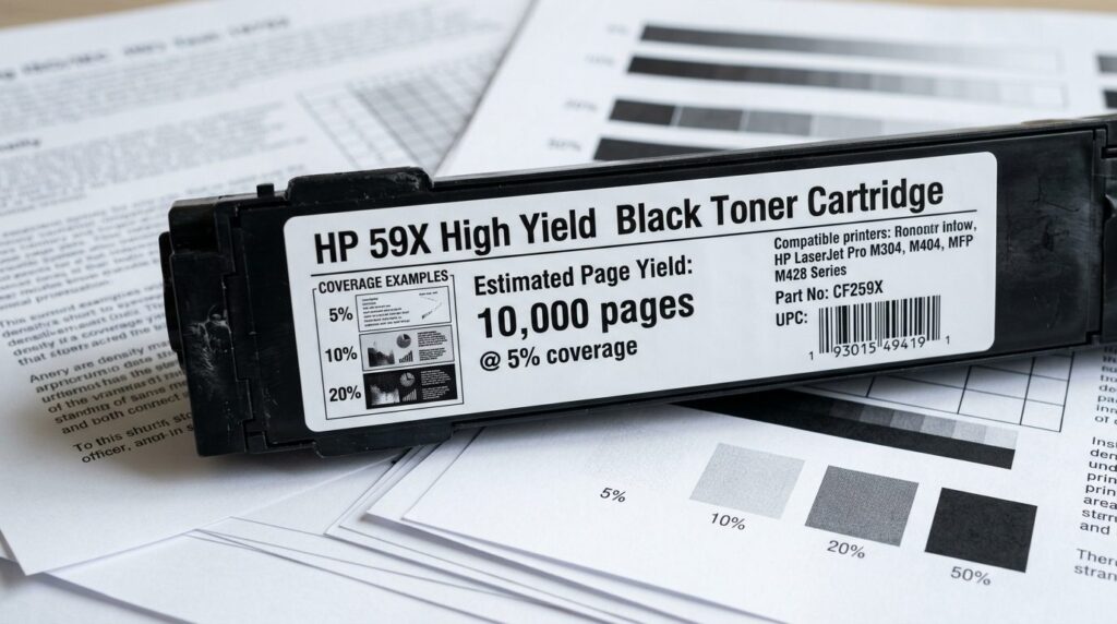 Close-up detail shot of a toner cartridge label showing yiel