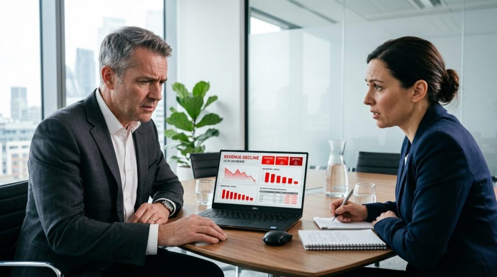Two business professionals in formal meeting discussing conc