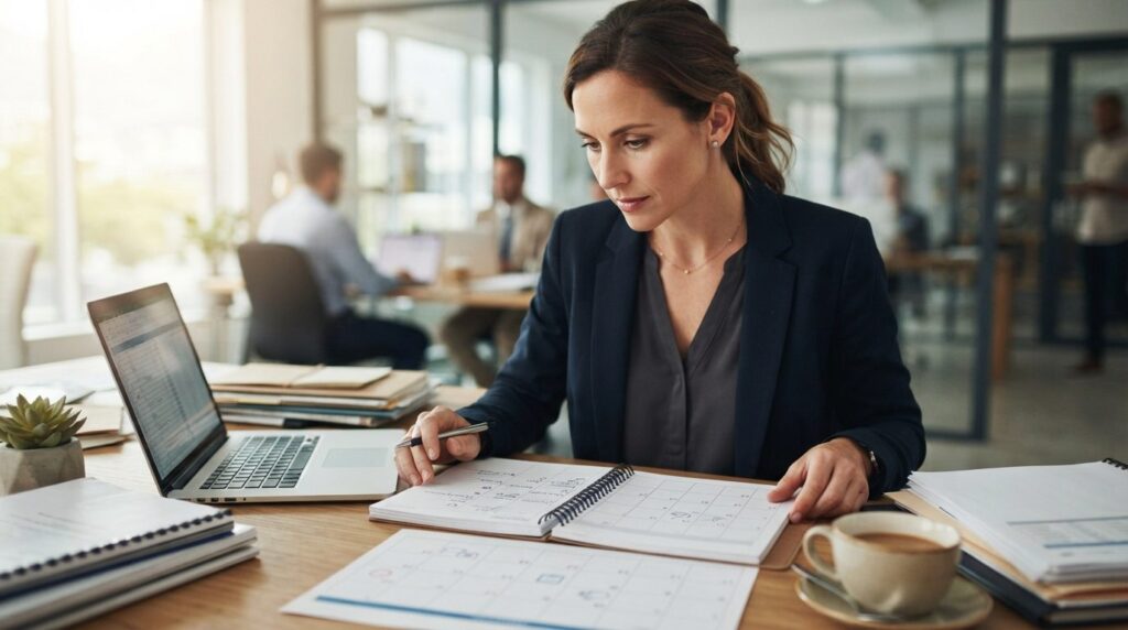 Close-up of a female HR manager reviewing an event planning 