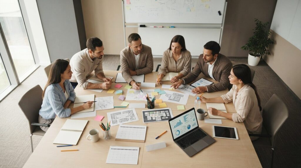 Overhead view of a team of event planners collaborating arou