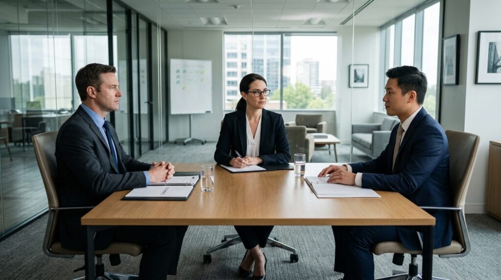 Professional photograph of two adults in a formal mediation 