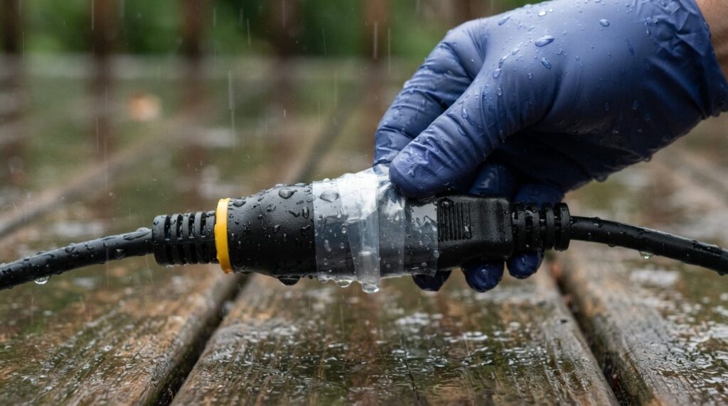 Detailed close-up of a gloved hand applying transparent wate