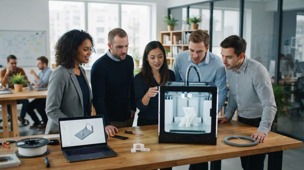 Business team gathered around a desktop 3D printer in an off