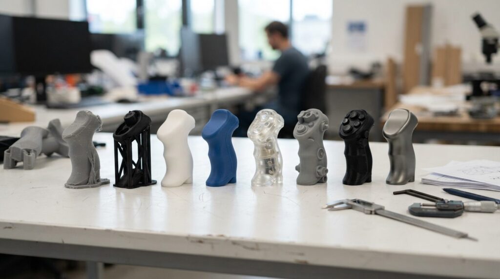 Close-up of multiple 3D-printed prototype iterations arrange