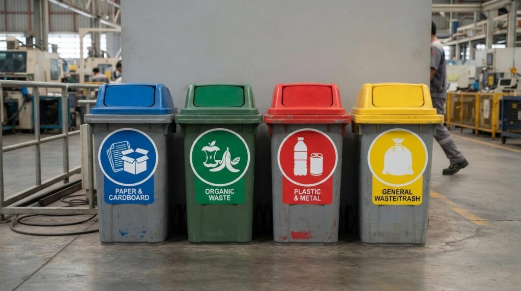 Close-up detail shot of color-coded waste sorting bins with 