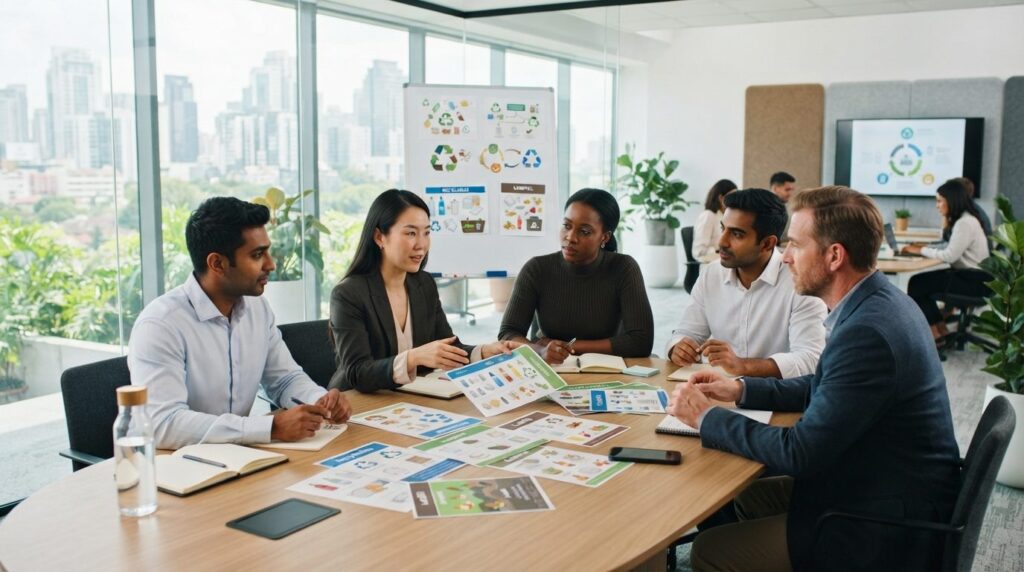 Team meeting in a modern office conference room where employ