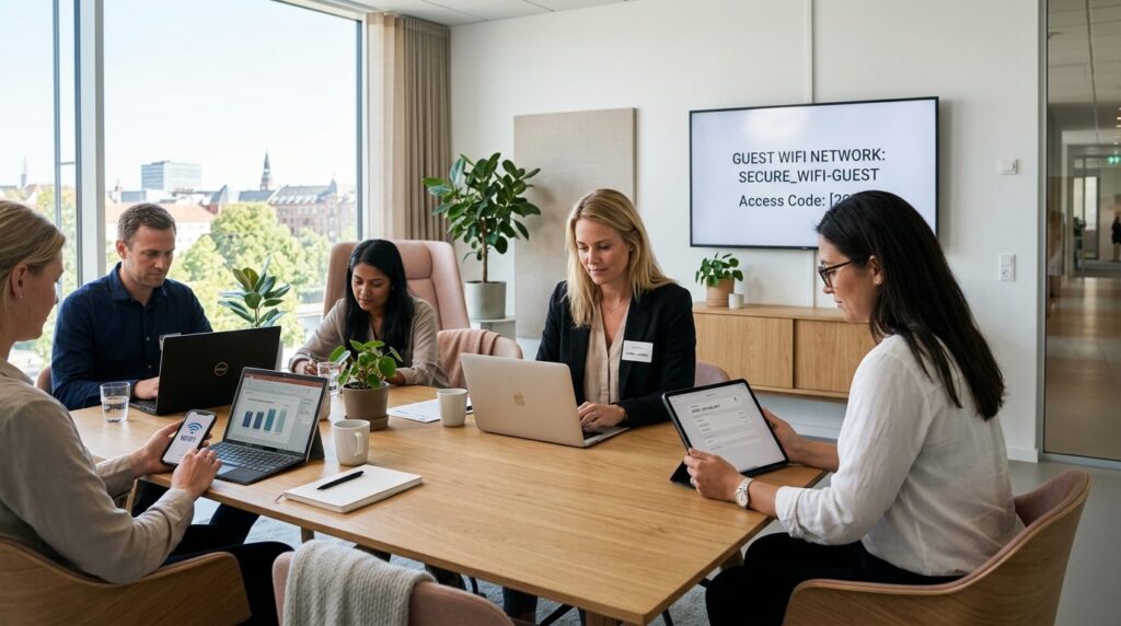 Business meeting room with professional guests connecting to