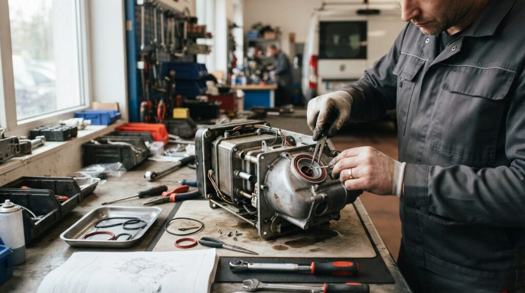 Skilled mechanic performing maintenance on a diesel heater u