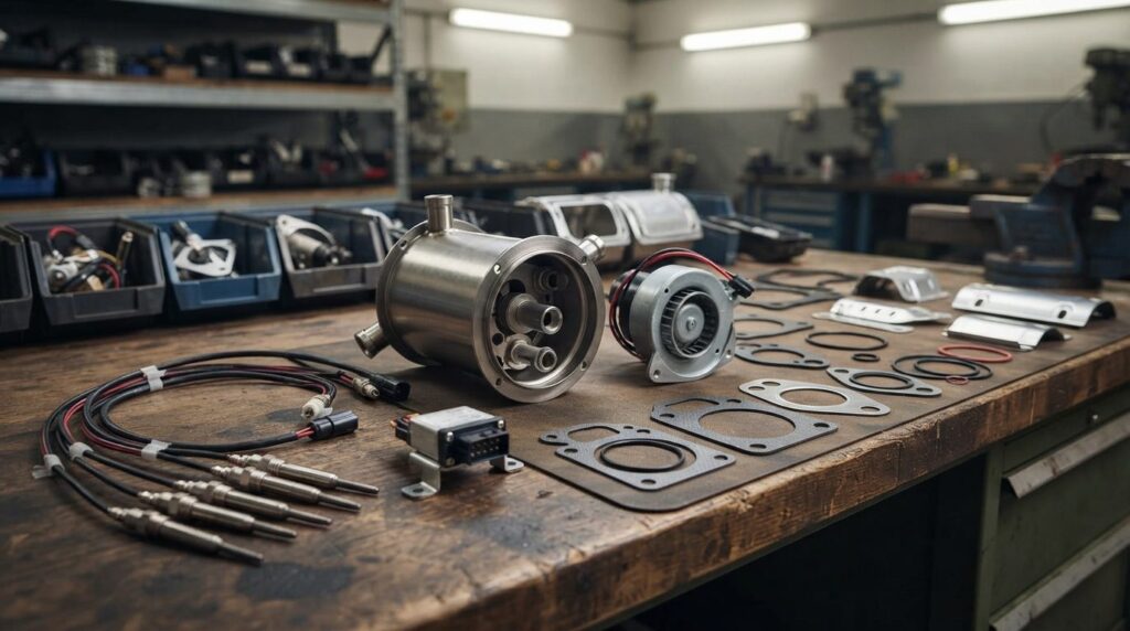 Spare parts for diesel heater systems arranged on workbench: