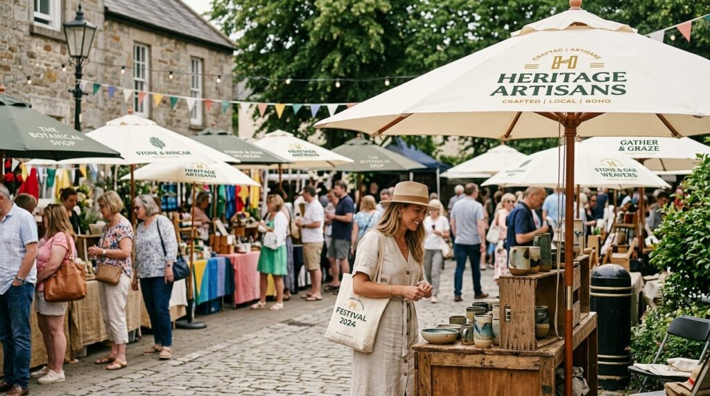 Upscale outdoor festival market scene with multiple branded 