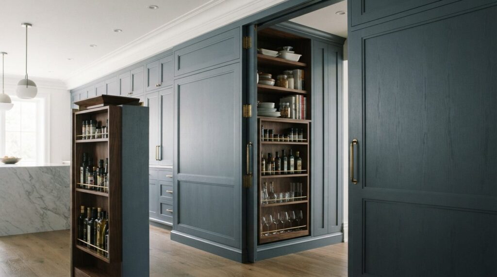 Close-up detail shot of high-end custom kitchen cabinetry wi