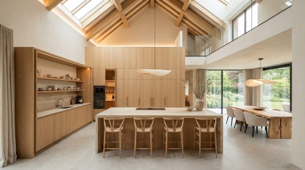 Full room view of contemporary villa kitchen with floor-to-c