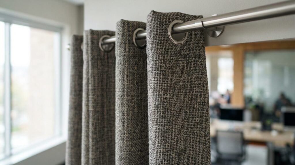 Close-up detail shot of thick acoustic curtain fabric textur
