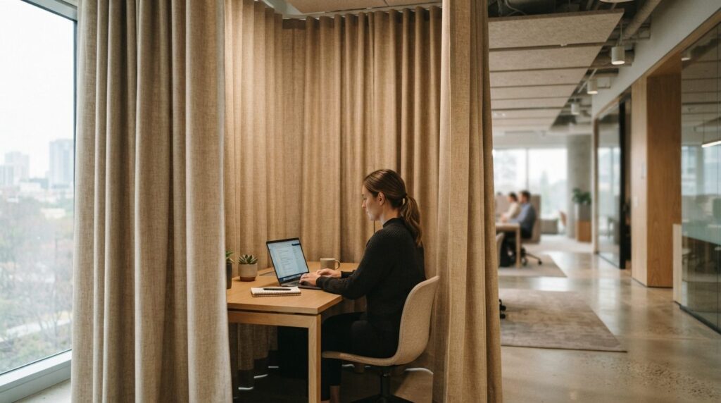 Corporate office space with noise-reducing thermal curtains 