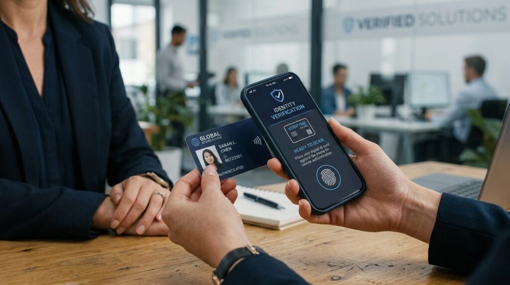 Close-up of hands holding digital ID card and smartphone wit