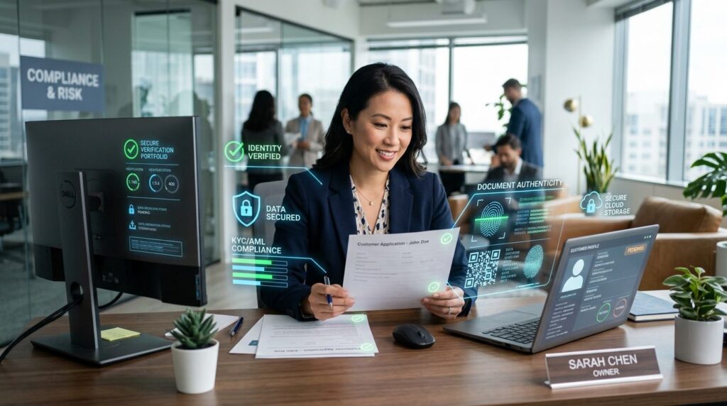 Female business owner at desk reviewing customer documents w