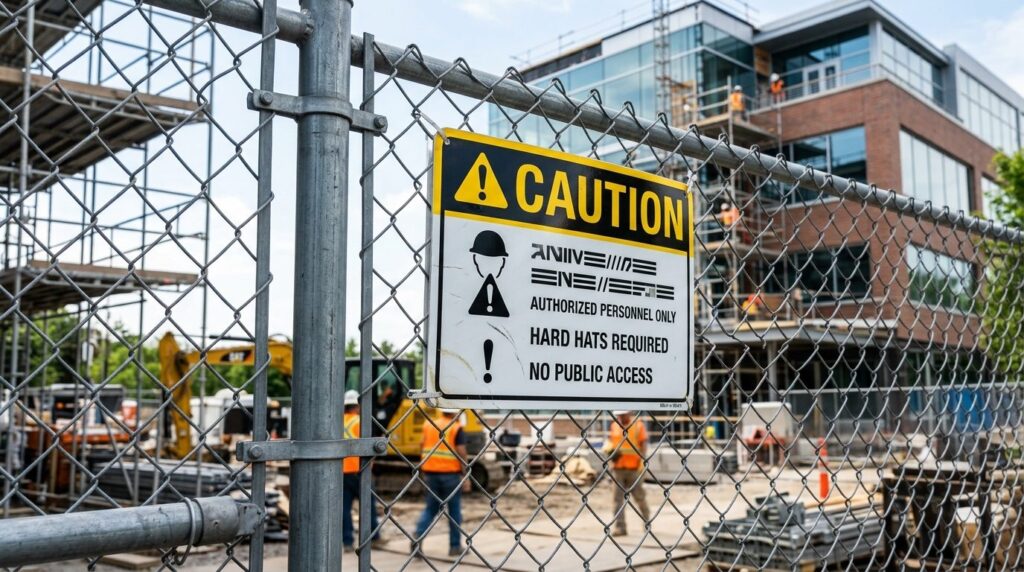 Close-up of a professional warning sign installation on a me