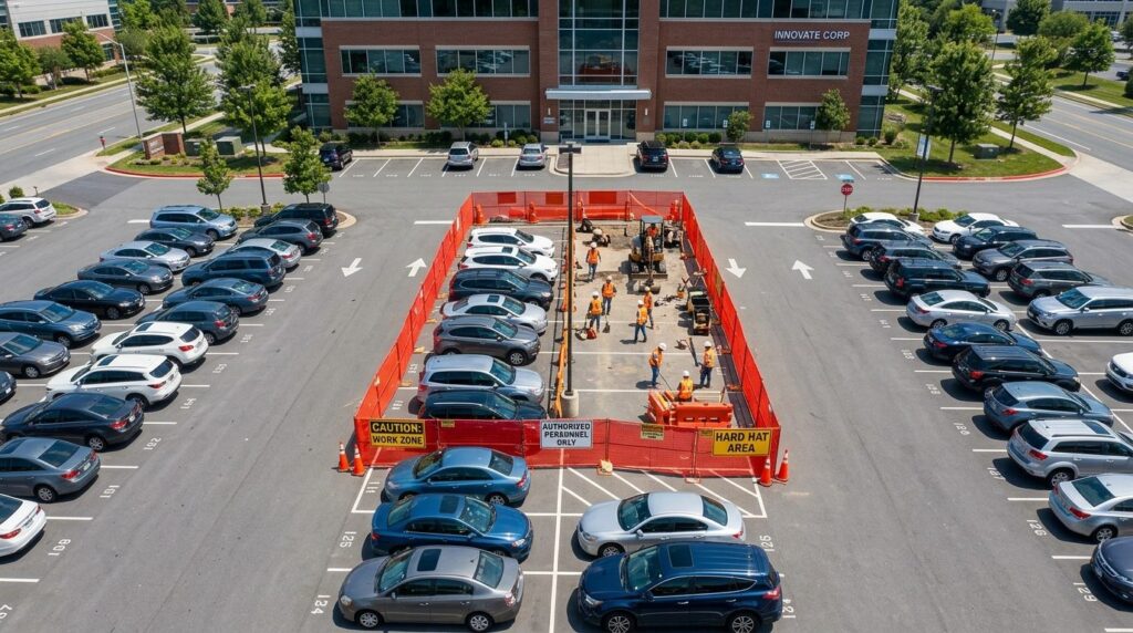 Overhead view of a business parking area with temporary cons
